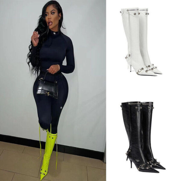 Catwalk Super Pointed Heavy Metal Rivet Black Tassel Belt Buckle Stiletto Heel Boots