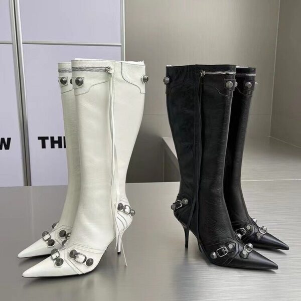 Catwalk Super Pointed Heavy Metal Rivet Black Tassel Belt Buckle Stiletto Heel Boots