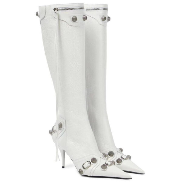 Balenciaga styled Knee-high Boots Stiletto-Heel Side Zipper Pointed Toe Metal Rivet Buckle   (Max Size 45)