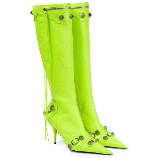 Balenciaga styled Knee-high Boots Stiletto-Heel Side Zipper Pointed Toe Metal Rivet Buckle   (Max Size 45)