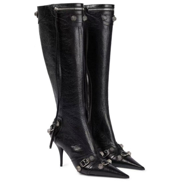 Balenciaga styled Knee-high Boots Stiletto-Heel Side Zipper Pointed Toe Metal Rivet Buckle   (Max Size 45)