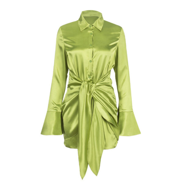 Silky Long Sleeve A- Line Polo Lapel Shirt Dress