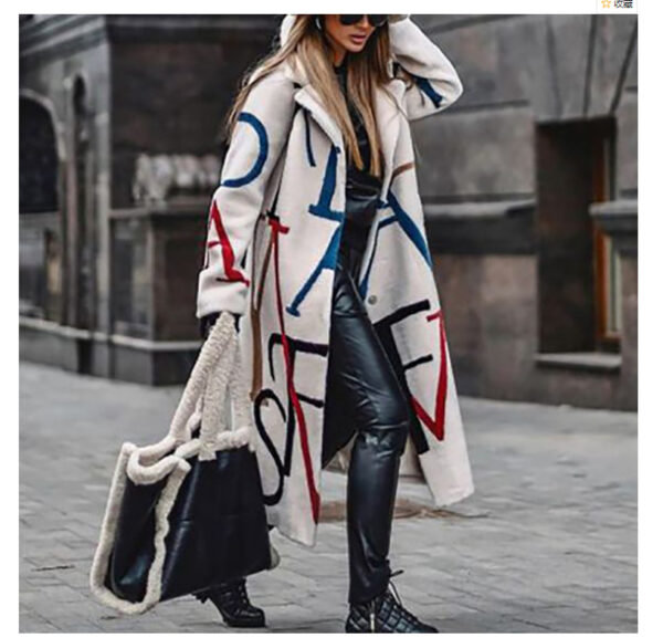 Women's Long Woollen Coat With Large Printed Letters