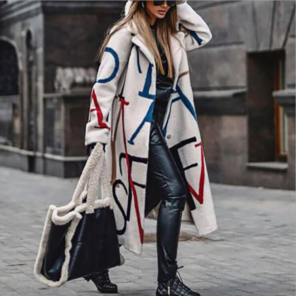 Women's Long Woollen Coat With Large Printed Letters