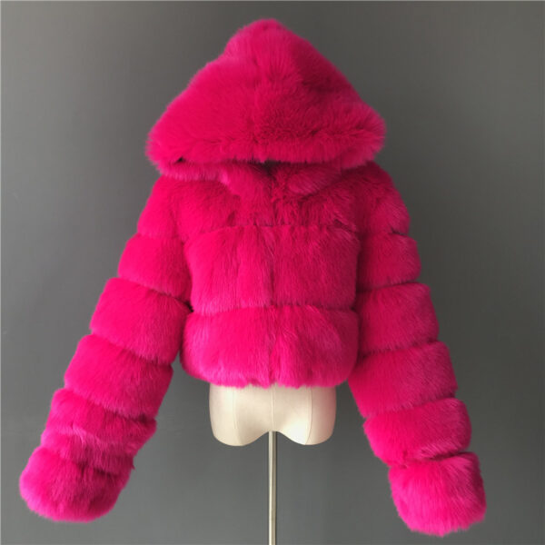 Women's Hooded Cropped Long Sleeve Imitation Fox Fur Jacket