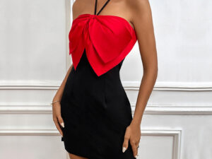 Women's Strappy Halter Neck Big Red Bow Cocktail Dress