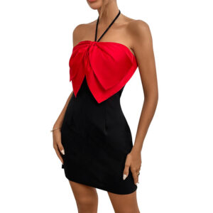 Women's Strappy Halter Neck Big Red Bow Cocktail Dress