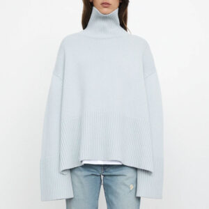 High-necked Knitted Striped Slit Sweater/Top