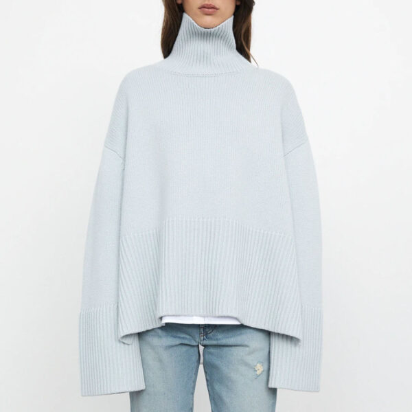 High-necked Knitted Striped Slit Sweater/Top