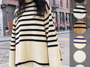 High-necked Knitted Striped Slit Sweater/Top