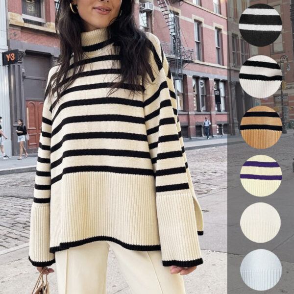 High-necked Knitted Striped Slit Sweater/Top