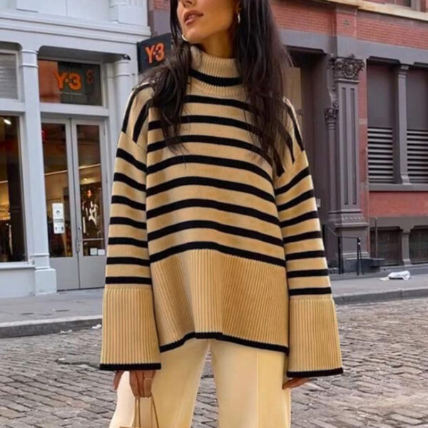 High-necked Knitted Striped Slit Sweater/Top