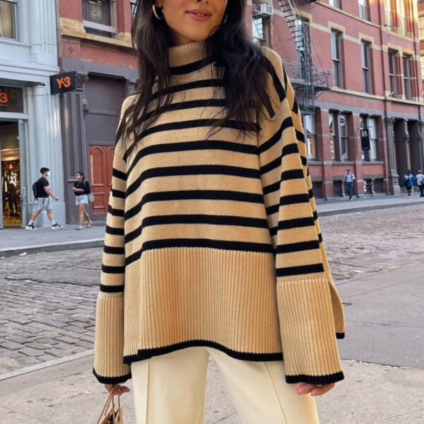 High-necked Knitted Striped Slit Sweater/Top