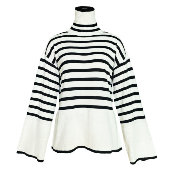 High-necked Knitted Striped Slit Sweater/Top