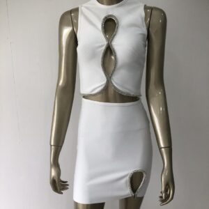 Women's White Hollow Jacket & Short Skirt Two-piece