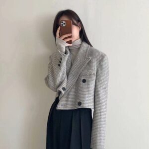 Peak Collar Houndstooth Wool Short Jacket