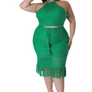 Plus Size Women's Tassel Fishnet Casual Jersey Two-piece