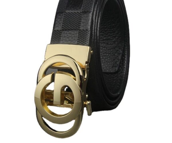 Men's Gucci Style Letter G Buckle Plaid Lychee Pattern Leather Belt