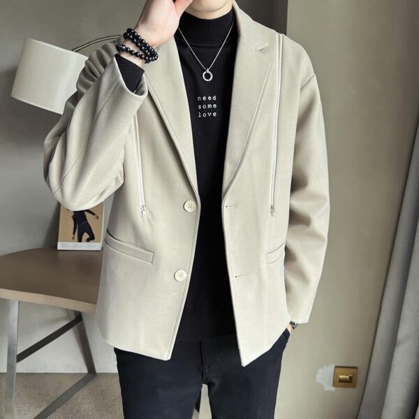 Men's Casual Suit Jacket with Sloped Shoulders & Front Zipper Feature